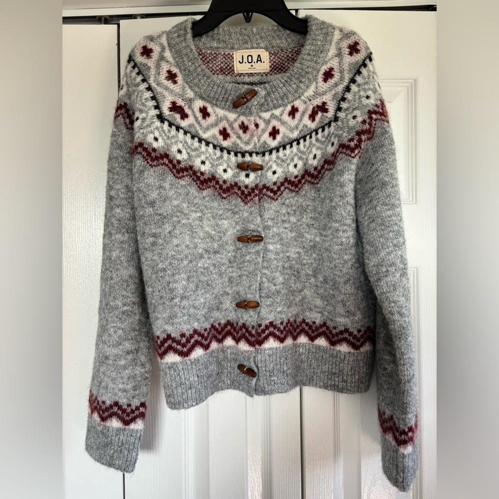 J.O.A. Grey Fair Isle Toggle Cardigan with Maroon Accents